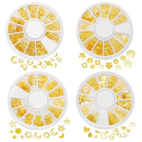 4 Boxes Gold Nail Charms Nails Art Studs 3D Star Moon Nail Charms Metallic Studs Rhinestones Star Nail Jewelry Decorations Manicure Kit Nails Art Supplies Accessories for Women Girls Acrylic Nails