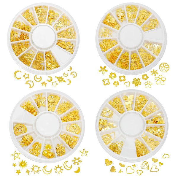 4 Boxes Gold Nail Charms Nails Art Studs 3D Star Moon Nail Charms Metallic Studs Rhinestones Star Nail Jewelry Decorations Manicure Kit Nails Art Supplies Accessories for Women Girls Acrylic Nails