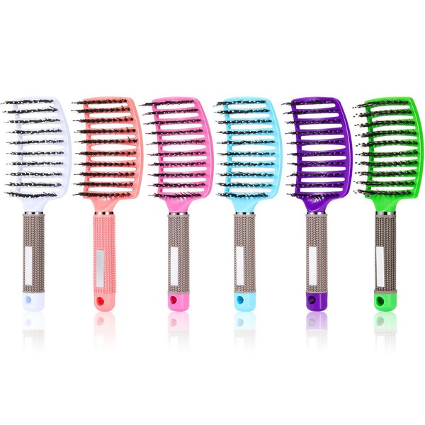 6 Pack Boar Bristle Hair Brushes Curved and Vented Hairbrush Detangler Curved Hair Brushes for Women Detangling Detangler Comb for Men Kids Long Wet Dry Thick Curly Blowing Hair Accessories, 6 Colors