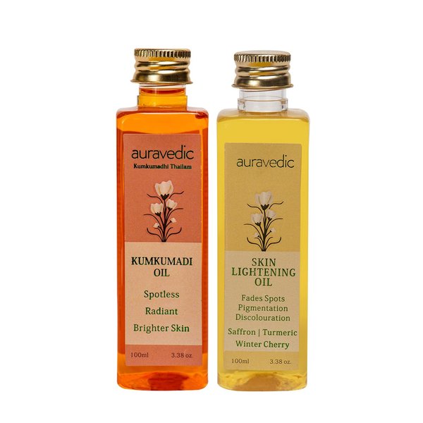 Auravedic Kumkumadi Oil & Skin Oil Combo | Saffron, Turmeric and Winter Cherry Infused Face Moisturizer | Hydrating & Moisturizing | for All Skin Types | 3.38Fl Oz (100ml)