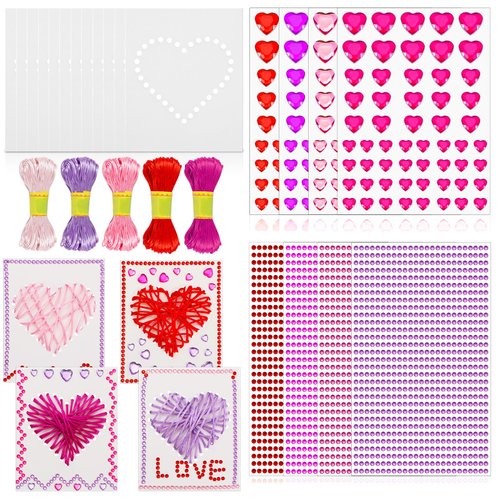 Motipuns 43 Pcs Valentine's Day Craft Kit DIY Heart Ornament Craft Set Gift 30 Valentines Day Card 5 Rolls of Yarn 8 Sheets Assorted Hearts Stickers for Valentines Party Favor Decoration Gift Exchange