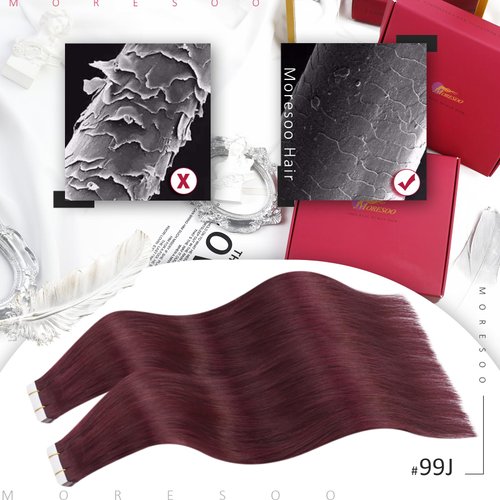Moresoo Burgundy Tape in Hair Extensions Human Hair Invisible Tape in Extensions Wine Red Tape in Human Hair Extensions Burgundy Hair Extensions Real Hair Tape in 20 Inch #99J 20pcs 50g