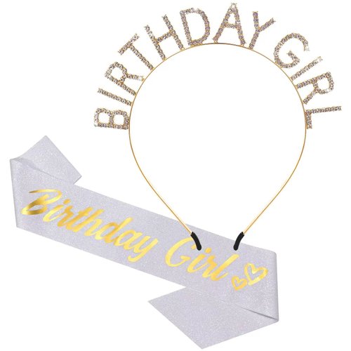 Birthday Crowns for Women, White-Gold Birthday Girl Sash & Birthday Tiara for Women Set, Princess Rhinestone Birthday Girl Headband Birthday Gifts for Women, Sweet Happy Birthday Accessories