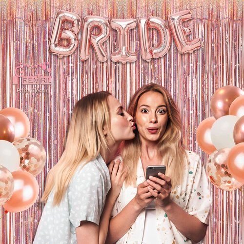 Rose Gold Tinsel Curtain Party Backdrop - GREATRIL Foil Fringe Curtain Streamers for Bachelorette Party Decorations Bride Be Party Streamers 2 Packs (Rose Gold)