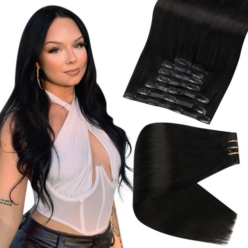 Full Shine Black Clip in Hair Extensions Real Human Hair Natural Black Hair Extensions Clip in Human Hair 14 Inch Skin Weft Clip in Extensions Remy Straight Hair Full Head 8Pcs 120 Grams