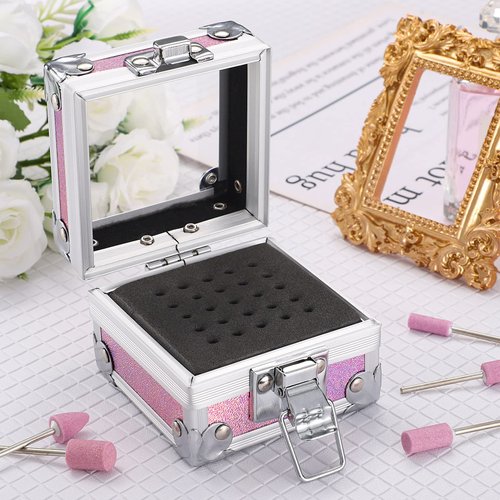 Noverlife Nail Drill Grinding Bit Holder Box, Pink 25 Holes Nail Art Polishing Grinding Drill Bit Holder, Nail Drill Bit Holder Box Organizer Container Professional Manicure Tools for Nail Art