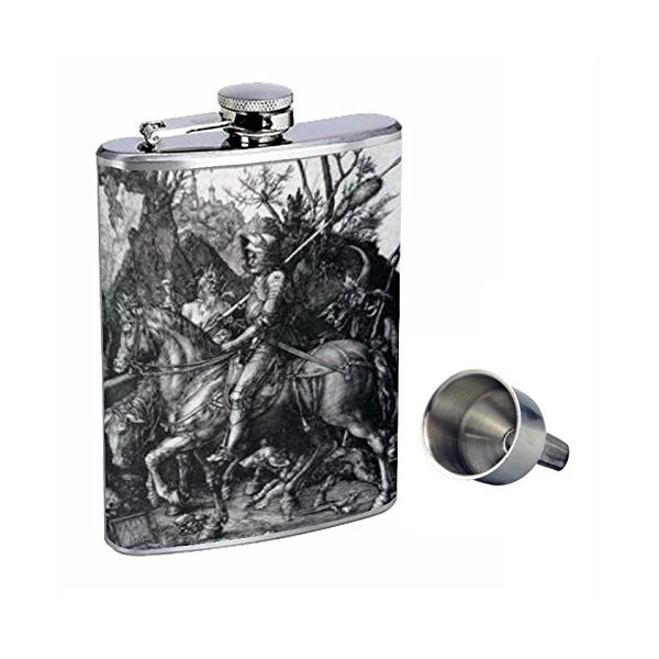 Albrecht Durer Knight Death Devil Perfection In Style 8oz Stainless Steel Whiskey Flask with Free Funnel D-211