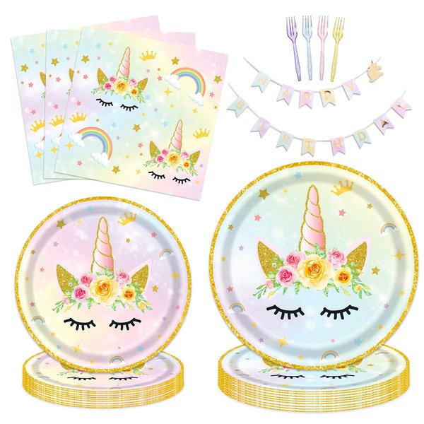 Unicorn Party Supplies Kit for 24 Guests - 97 Pcs Including Plates, Forks, Napkins, Bunting - Ideal for Girls' Unicorn-Themed Birthdays and Baby Showers