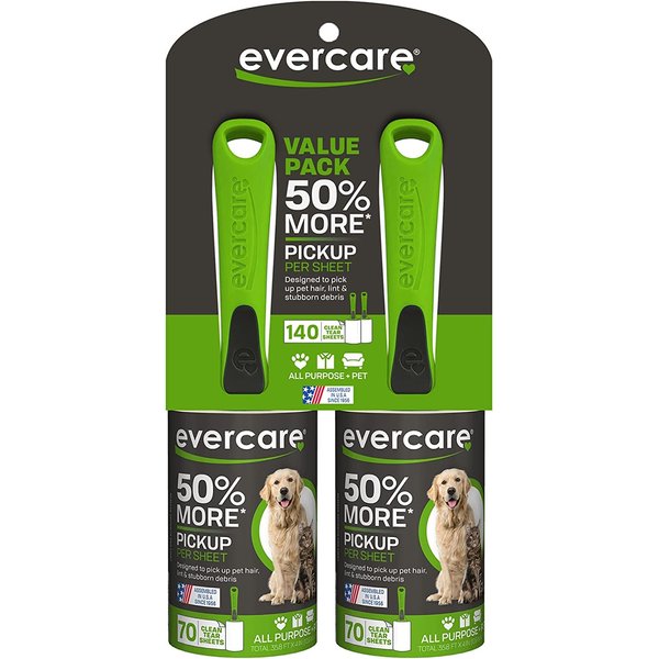 Evercare Value Pack of 2 All Purpose Stick Pet Hair Lint Rollers, 70 Sheets Each, Total 140 Sheets