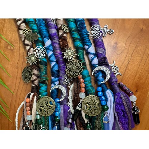 Nutty Natte Handmade Hair Wrap Extension Dreadlocks hairclip fabric and woolen yarn Colorful Tribal Fairy Lock Hair Wrap Dread Wrap Braid with crystal charms (Blue)