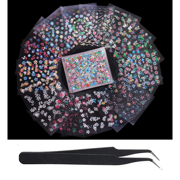 WOKOTO 50Pcs Self-Adhesive 3D Nail Stickers Flower Nail Decals for Women Girls Kids Floral Sticker Sheets with Tweezers