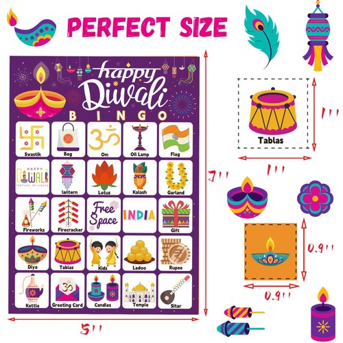 Diwali Bingo Diwali Party Games with 24 Happy Diwali Bingo Players Cards for Kids Adults Party Activities Indian New Year Party Favors