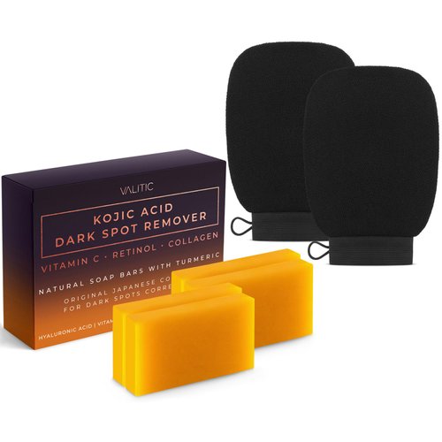 Valitic 4 Pack Kojic Acid Dark Spot Corrector Soap Bars with Vitamin C, Retinol, Collagen, Turmeric - Original Japanese Complex with Hyaluronic Acid & A Pair of Black Exfoliating Gloves for Body Scrub