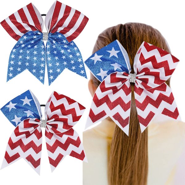 2PCS 8 Inch Patriotic Cheer Hair Bow Ties with Elastic American Flag Glitter Ribbon Cheer Hair Bows 4th of July Hair Tie Band Independence Day Hair Accessories for Teens Kids(Style B)