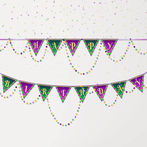 Cheerland Green Purple Gold Happy Birthday Banner and Paper Bead Garland Set for Mardi Gars Theme Birthday Decoration Triangle Flag Bunting for Mardi Gras Party Supplies New Orleans Decorations
