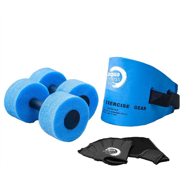 Aqua 6-Piece Fitness Set - Adult Water Aerobics Equipment for Pool - Includes Aquatic Swim Belt, Resistance Gloves, and Dumbbells