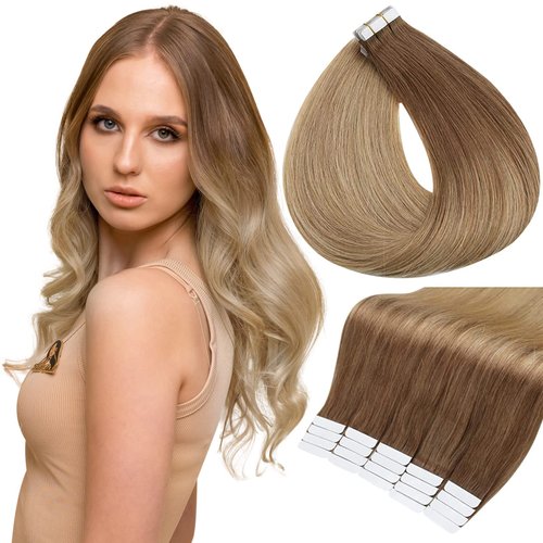 Full Shine Tape in Hair Extensions 16 Inch Tape in Real Hair Extensions Color 10 Fading to 14 Balayage 20 Pcs 50 Grams Tape in Human Hair Extensions Blonde Tape in Extensions
