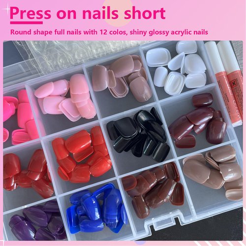 AddFavor Press on Nails Short Square Fake Nails, 288pcs Extra Short Press on Nail Colored Glossy Short Round Fake Nails Square Acrylic False Glue Nails Kit for Girls Kids Nail Art DIY