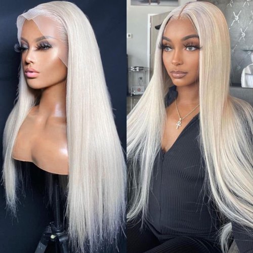 Mscathy Platinum Blonde #60 Colored Straight Hair Frontal Wig13X4 Human Hair Wig HD Lace Front Breathable Hair Pre Plucked HD Transparent 180% Density Lace Front Wigs (26 INCH, Platinum Blonde)