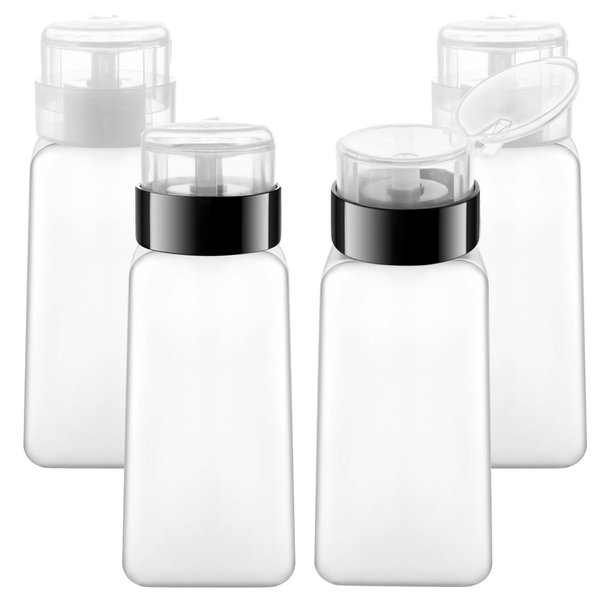 4 Pack 250ml/8.3oz Plastic Push Down Bottle Empty Lockable Pump Dispenser Bottles Cosmetic Container with Flip Cap for Nail Polish Acetone Makeup Remover Toner Liquid