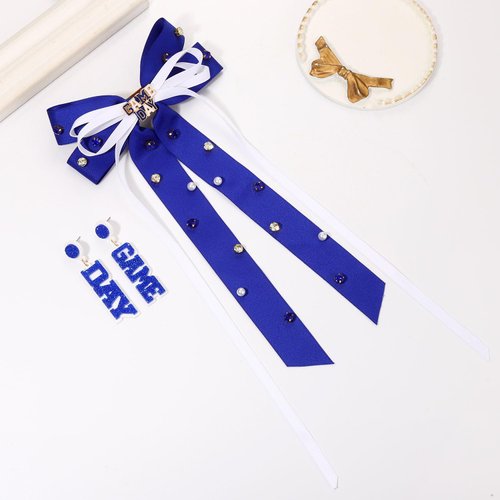 HZEYN Game Day Hair Bows for Women Football Hair Bow Clips Jeweled Crystal Long Tail Satin Ribbon Hair Barrette Sports Team Spirit Game Day Outfits Accessories Gifts White Blue