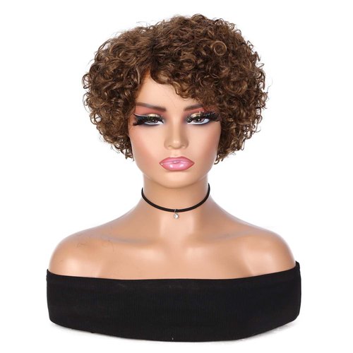 Hanne Fashion Short Curly Human Hair Wig for Black Women Brown Curly Bob Wigs Side Part Pixie Cut Wig Brazilian Remy Human Hair Non Lace Glueless Wigs (F4/30)