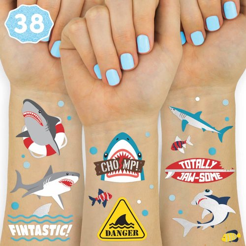 xo, Fetti Shark Temporary Tattoos - 38 Metallic Styles | Underwater Sea Creature, Ocean Animal Birthday Party Supplies, Summer, Totally Jawsome, Arts and Crafts