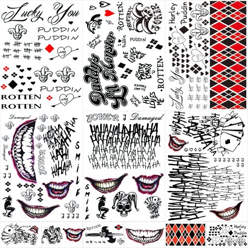 JEEFONNA 12 Sheets Joker Tattoos for Suicide Squad, Harley Quinn Tattoos Perfect for Halloween, Costumes, Party Harley Quinn Accessories and Cosplay