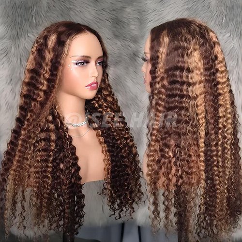 ISEE Hair Highlight Blonde Wear and Go Glueless Deep Wave Wig Human Hair Pre Plucked No Glue Pre cut HD Lace Front Wigs Human Hair Natural Hairline for Women 180% Density 22 Inch