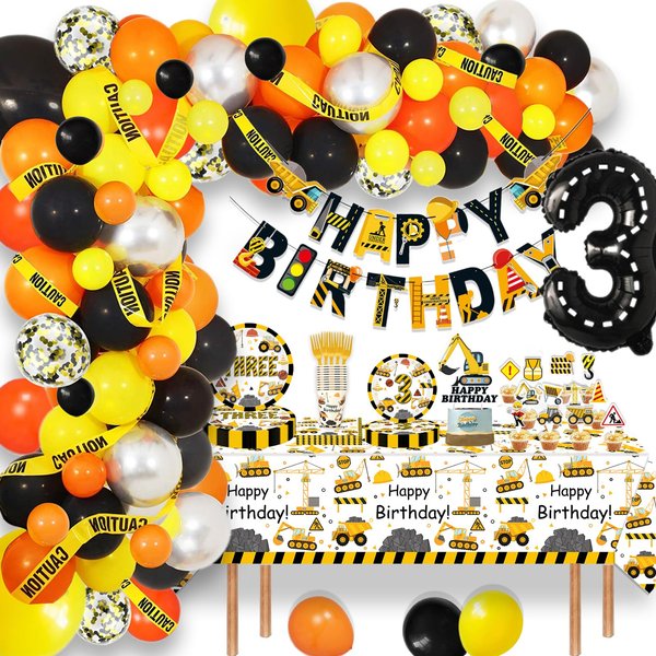 189 Pcs Construction 3rd Birthday Party Supplies Dump Truck Three Years Old Paper Plates Napkins Forks Cups Tablecloth Banner Balloon Garland Dinnerware for Construction 3rd Bday Party Decorations