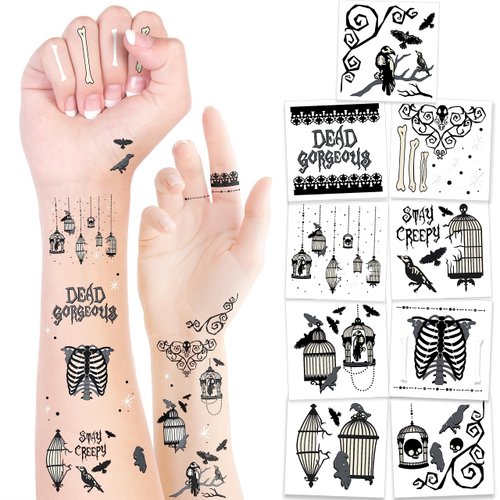 Cheerland Halloween Crow and Cage Tattoos - Raven Skull, Bird Skeleton, Black Lace, Dead Gorgeous, Stay Creepy - 108 pcs Party Stickers, Party Decorations and Favors…