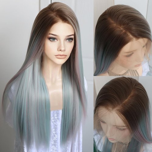 K'ryssma Highlight Pink Cyan Grey 13x6 Lace Frontal Wig Pre Plucked Glueless Long Straight 3 Tone Brown Roots Ombre Cyan Skunk Stripe Pink Synthetic 13x6 Lace Front Wigs for Women 24 Inches
