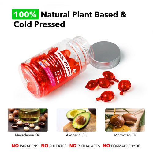 Hair Treatment Serum Capsules, Hair Vitamin E Oil, Leave In with Vitamin E, A, B5, C, Pro, Argan Macadamia/Avocado/Moroccan Oil for Hair Growth/Damaga/Frizz/Dry Hair, Skin