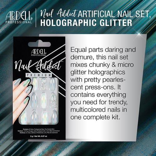 Ardell Nail Addict Premium Artificial Nail Set, Holographic Glitter, 24-Pc, Medium, Almond-Shape, DIY Press-On Nails, Quick and Easy to Apply, with Glue, Cuticle Stick and Nail Filev