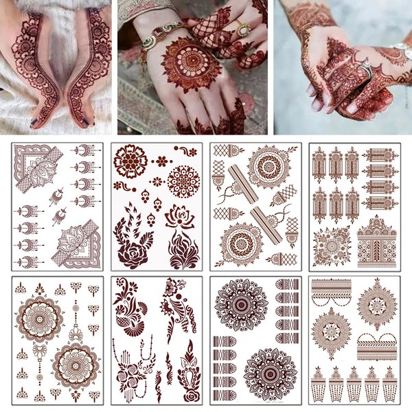 8 Sheets Red Brown Temporary Tattoo Stickers Fake Tattoo Lace Floral Temporary Waterproof Body Art Long Lasting Stickers for Women Festivals Wedding Masquerade Party Decorations Design