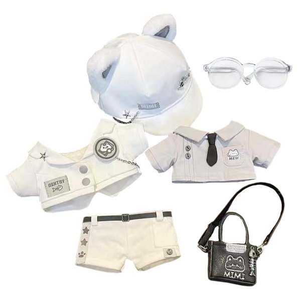 niannyyhouse 20cm Plush Doll Clothes Hat Coat Shirt Pants Backpack Glasses White Cat Set 8in Doll Accessories Dress Up