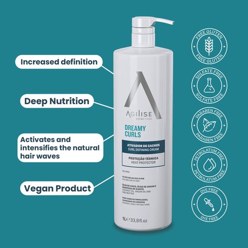 AGILISE - Dreamy Curls Defining Cream - Curl Modeling Creams for Wavy and Coily Hair Care, Styling Product - VEGAN, Argan & Coconut Oil, Shea Butter - 33.8fl.oz/1L