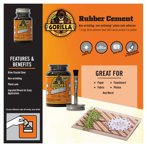 Gorilla Rubber Cement with Brush Applicator, 4 Fl oz, Clear, (Pack of 2)