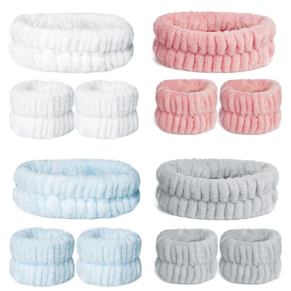 12 Pieces Spa Facial Headband Women Makeup Headband Girls Washing Face Headband Soft Microfiber Spa Wrist Washband Ladies Spa Hair Wraps for Washing Face Shower Makeup Bath (Pink, White, Blue, Grey)