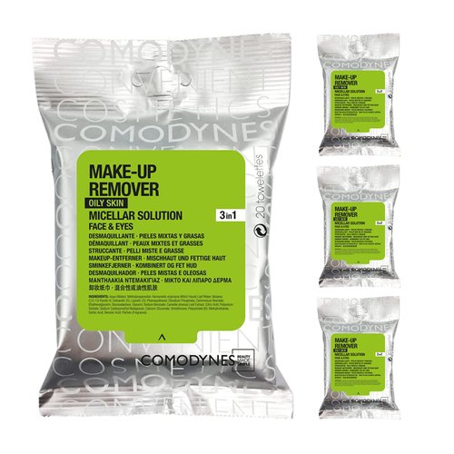 (4 Pack) COMODYNES Make-Up Remover Oily & Combination Skin,Wipes - Regulate And Purify The Skin - Green Tea Extract