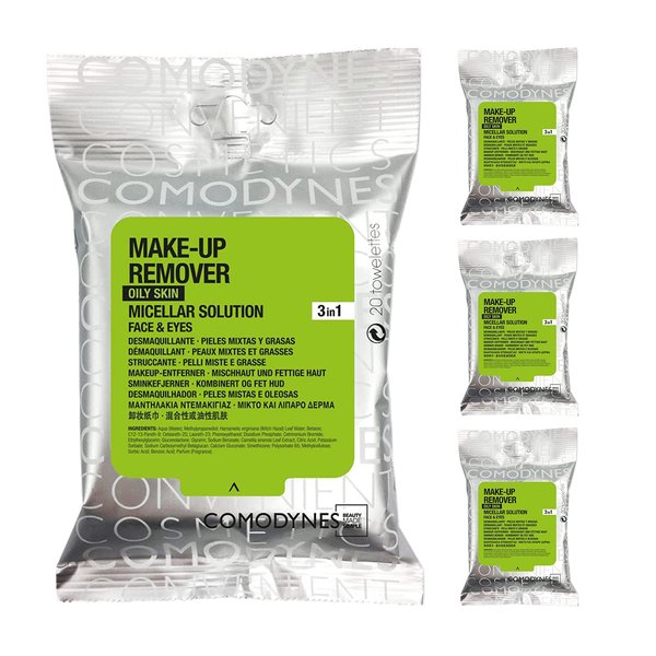 (4 Pack) COMODYNES Make-Up Remover Oily & Combination Skin,Wipes - Regulate And Purify The Skin - Green Tea Extract