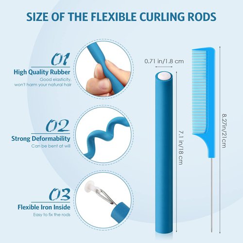 30 Pieces Flexible Curling Rods Twist Foam Hair Rollers Soft Foam No Heat Hair Rods Rollers and 1 Steel Pintail Comb Rat Tail Comb for Women Girls Long and Short Hair (Blue, 7 x 0.7 Inch)