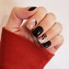Press on Nails Short Square Fake Nails Black White French Tip Acrylic Nails with Black Leaves and Polka Dots Designs Glitter Full Cover Glossy Black False Nails Stick on Nails for Women 24Pcs