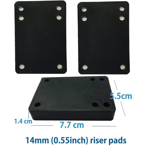 VJ Longboard Skateboard Riser Pads, Rubber, Set of 2, Size 3mm (1/8") 6mm (1/4") 12mm (1/2") 14mm Angle Wedge Riser Pads, Black (14mm)
