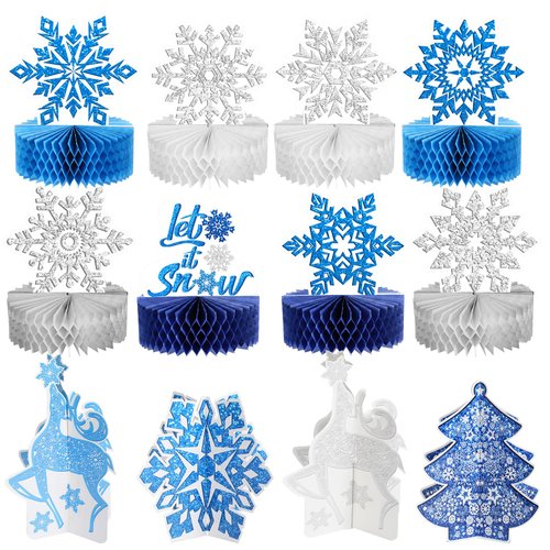 Pajean 12 Pcs Winter Wonderland Party Decorations Christmas Snowflake Honeycomb Centerpieces Blue White It's Snow Table Decors Winter Birthday Party Decor for Xmas Holiday Party Supplies