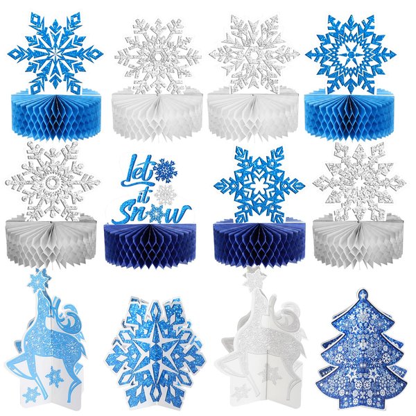 Pajean 12 Pcs Winter Wonderland Party Decorations Christmas Snowflake Honeycomb Centerpieces Blue White It's Snow Table Decors Winter Birthday Party Decor for Xmas Holiday Party Supplies