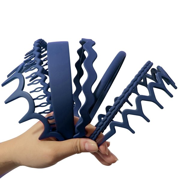 YONOY 7PCS Non Slip Plastic Headbands Set for Women and Girls - Wide Head Bands with Teeth, Different Designs, Wavy Teeth Hair Hoop Accessory (Navy)