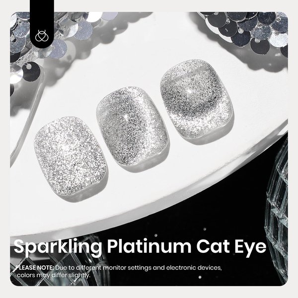 Beetles Cat Eye Gel Nail Polish, 15ML Silver Glitter Gel Nail Polish, Holographic Glitter Silver Cat Eye Gel Nail Polish Magnet, Cat Eye Magnetic Gel Nail Polish Soak Off Uv Lamp Gifts for Women
