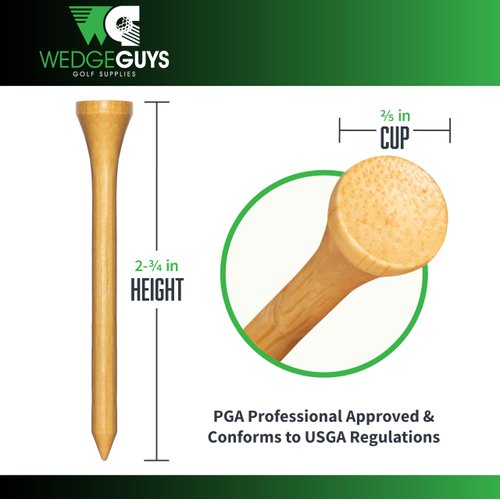 Wedge Guys Bamboo Golf Tees 2-3/4 Inch - 250pcs. - Free Ball Marker - Stronger Than Wooden Golf Tees Biodegradable & Less Friction, PGA Professional Approved, Bulk Bag