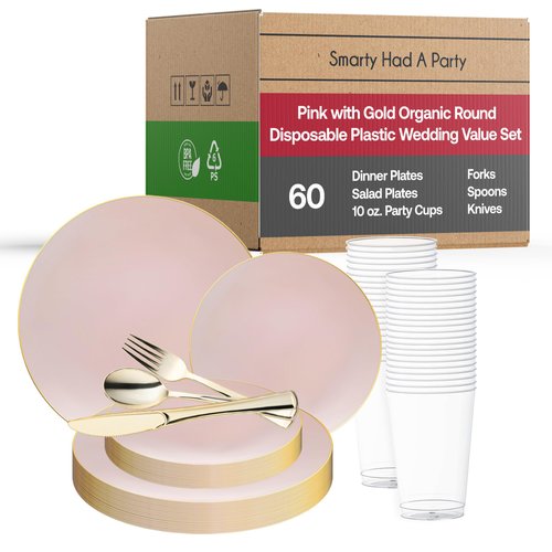 Smarty Had A Party Disposable Plastic Plates with Rim Design, Organic Round Dinnerware Bulk Order for Wedding, Birthday & All Occasions (Pink with Gold, Wedding Value Set (60 Guests))